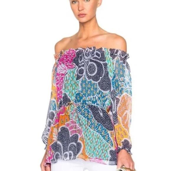 2/$25 Dianne Von Furstenberg Camila Silk Top Off Shoulder Blouse Beach Vacation - Picture 14 of 15